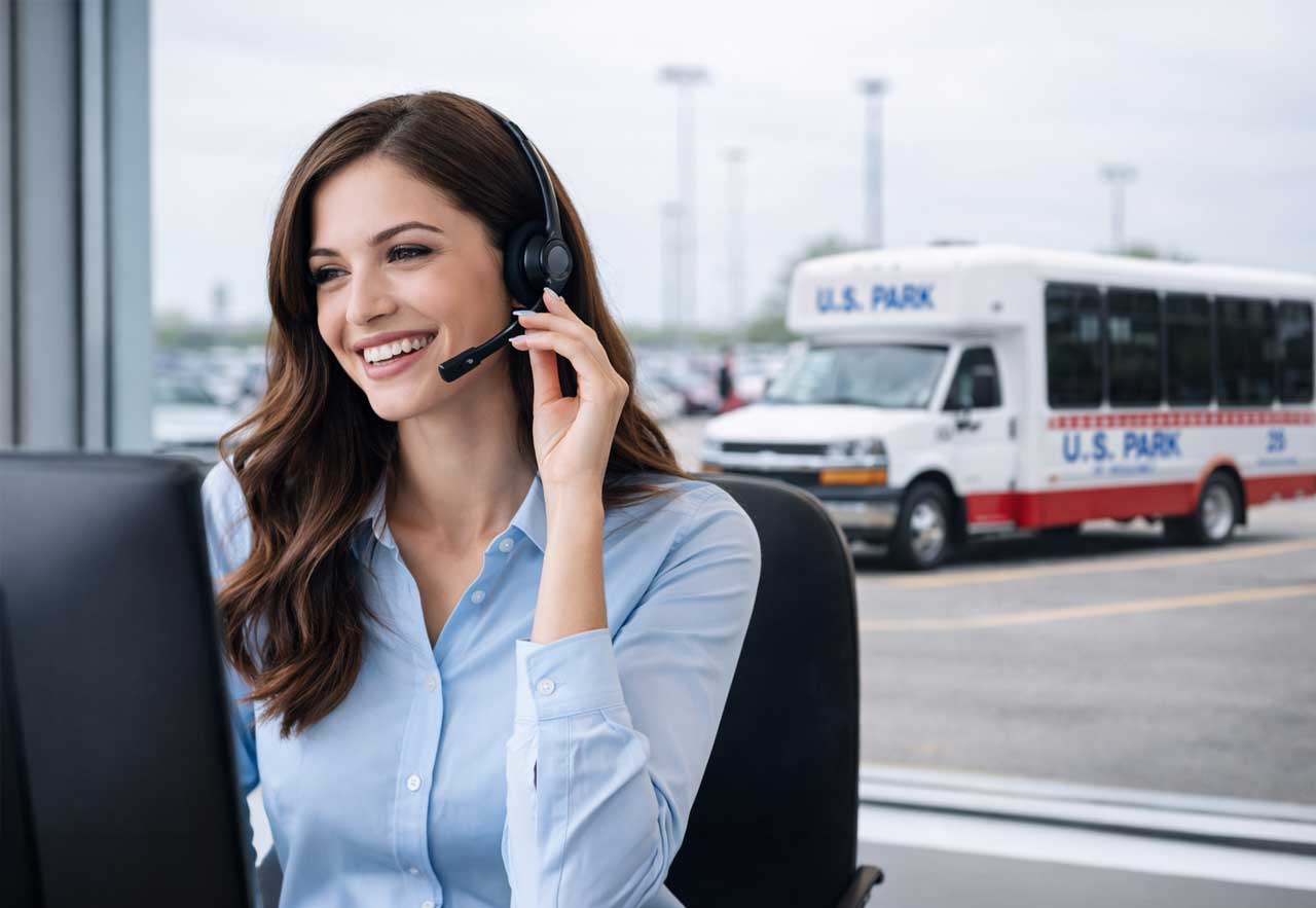 Customer service representative on headset with U.S. Park airport shuttle and parking lot in background