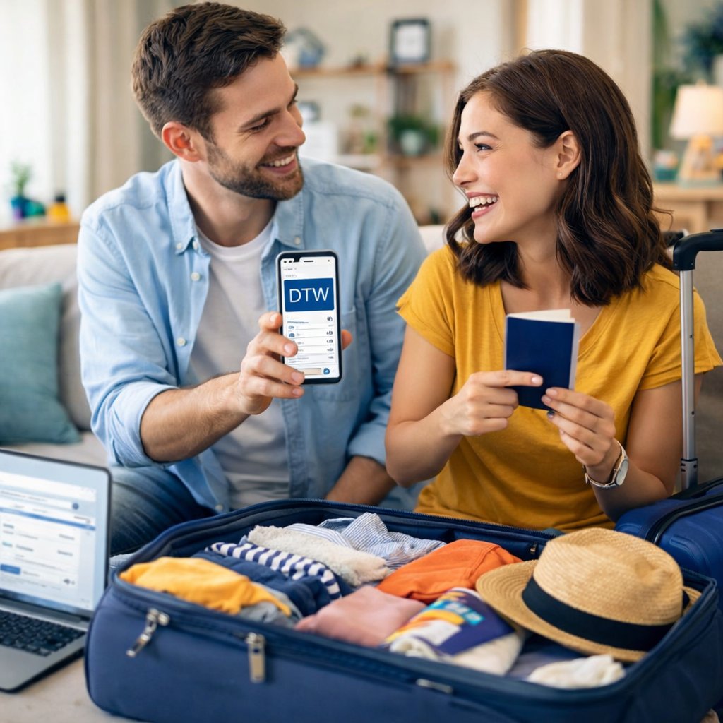 Travelers planning ahead for Detroit Metro Airport trip with packed suitcase and boarding pass